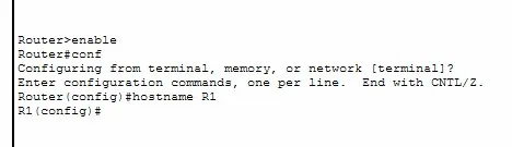 Entering global config mode and setting the hostname to R1