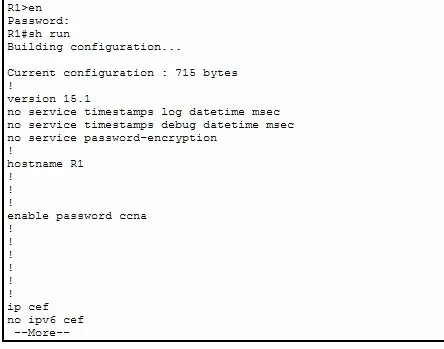 show run output showing enable password ccna in plaintext