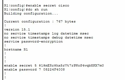 enable secret configured — show run shows both type 5 and type 7 entries