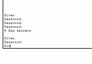 Testing both passwords — enable password fails, enable secret succeeds