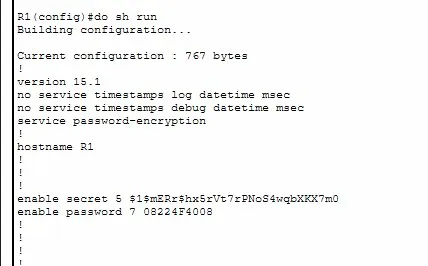 show run with both hashes — type 5 secret and type 7 password side by side
