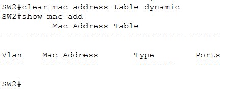 SW2 MAC address table cleared — empty after clear mac address-table dynamic