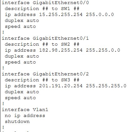 Running config showing all three interfaces with IPs and descriptions, then write memory OK