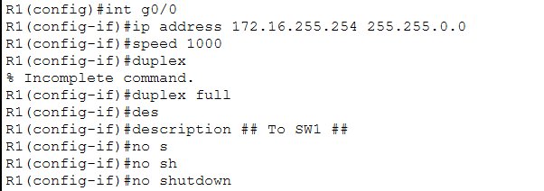 R1 G0/0 configured with IP, speed 1000, duplex full, description, and no shutdown