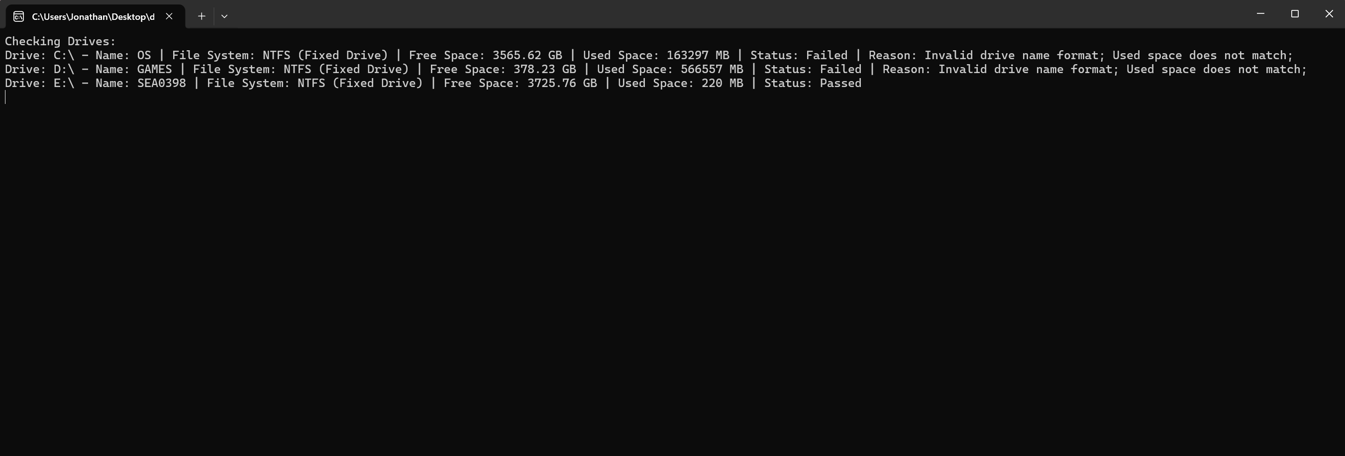 Version 1 showing a passing drive alongside two failing drives with specific error reasons