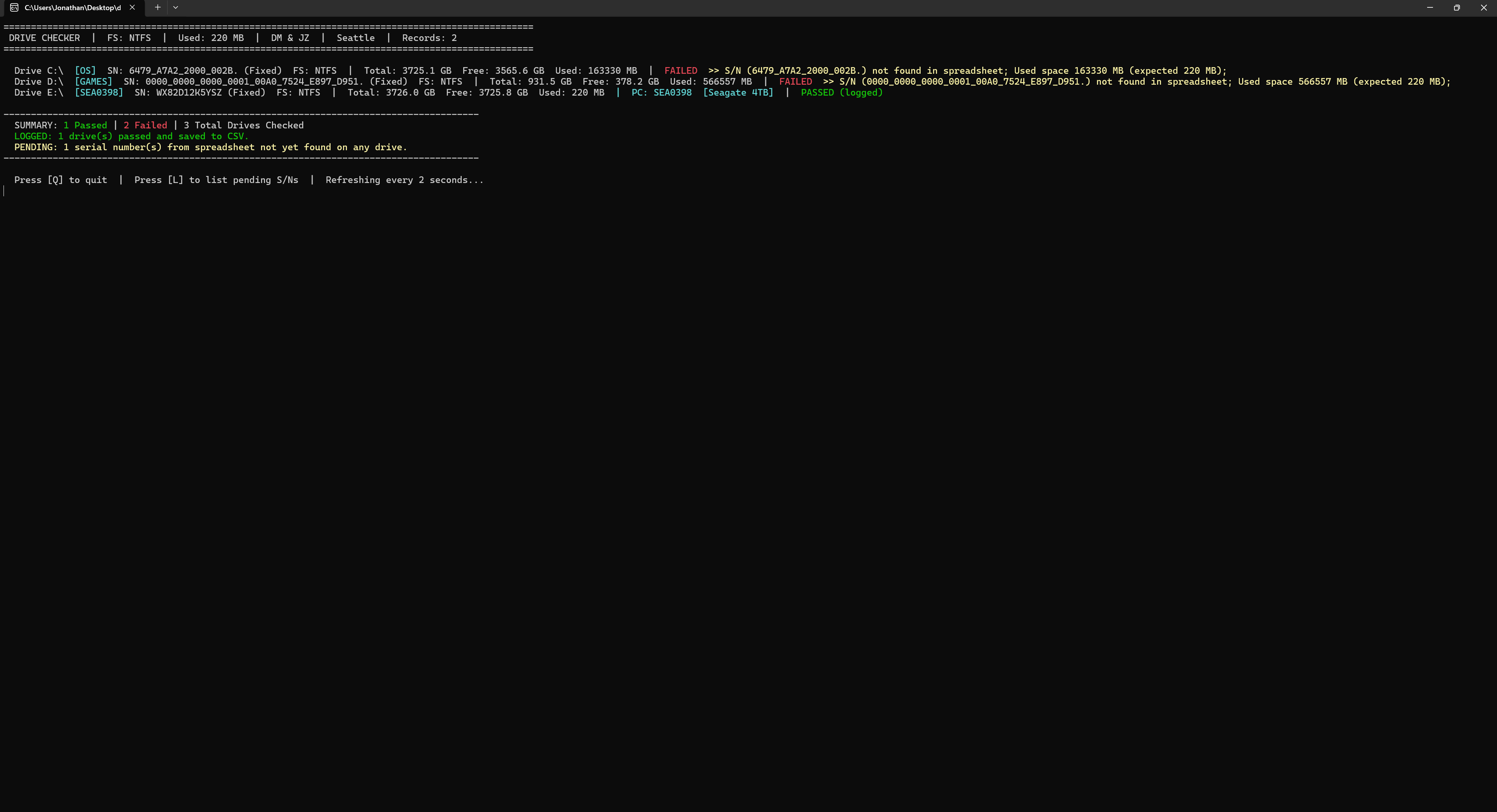Version 2 dashboard showing color-coded pass/fail results with serial number matching and CSV logging