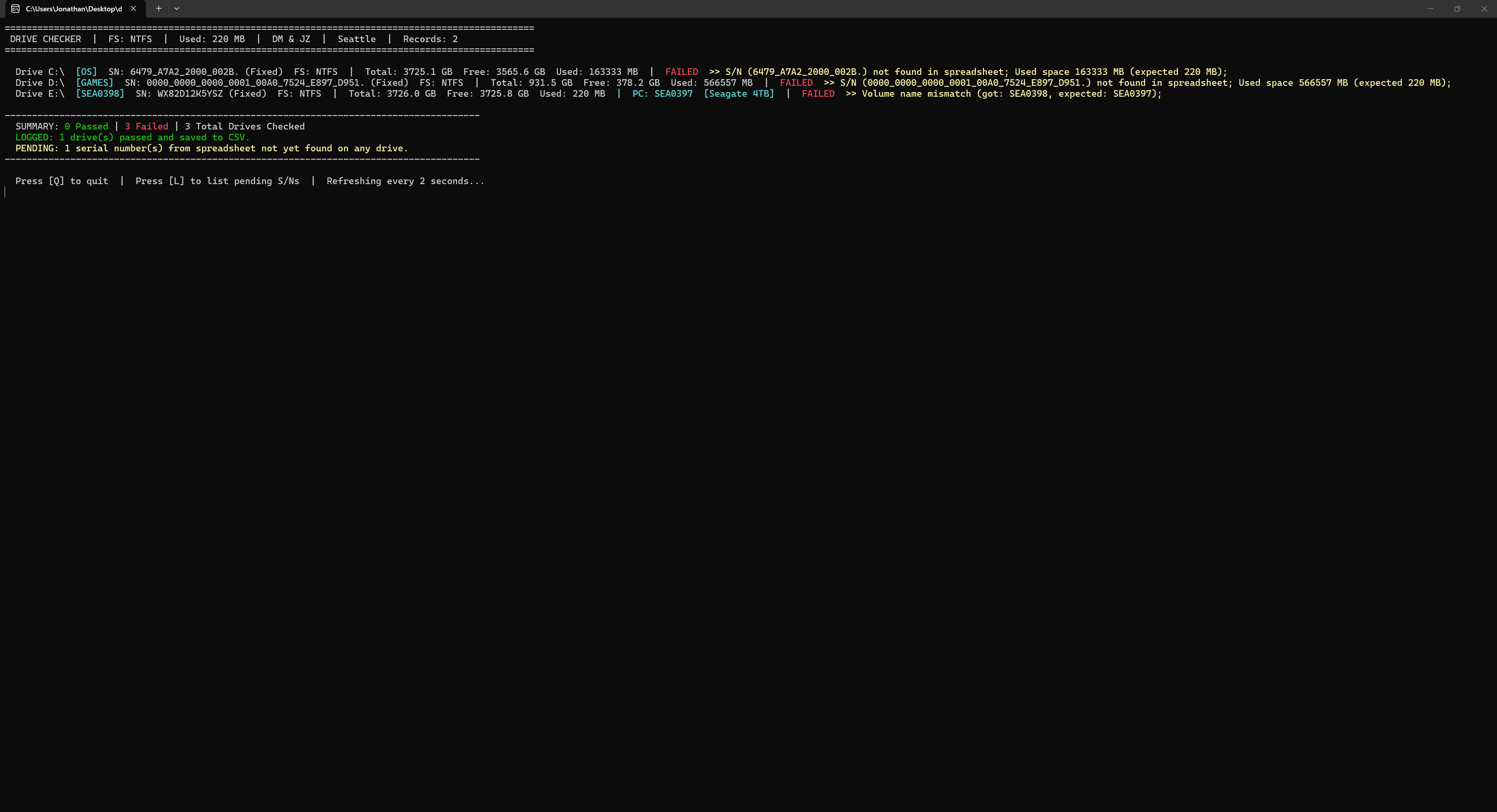 Version 2 with multiple drives connected showing the full validation pipeline in action