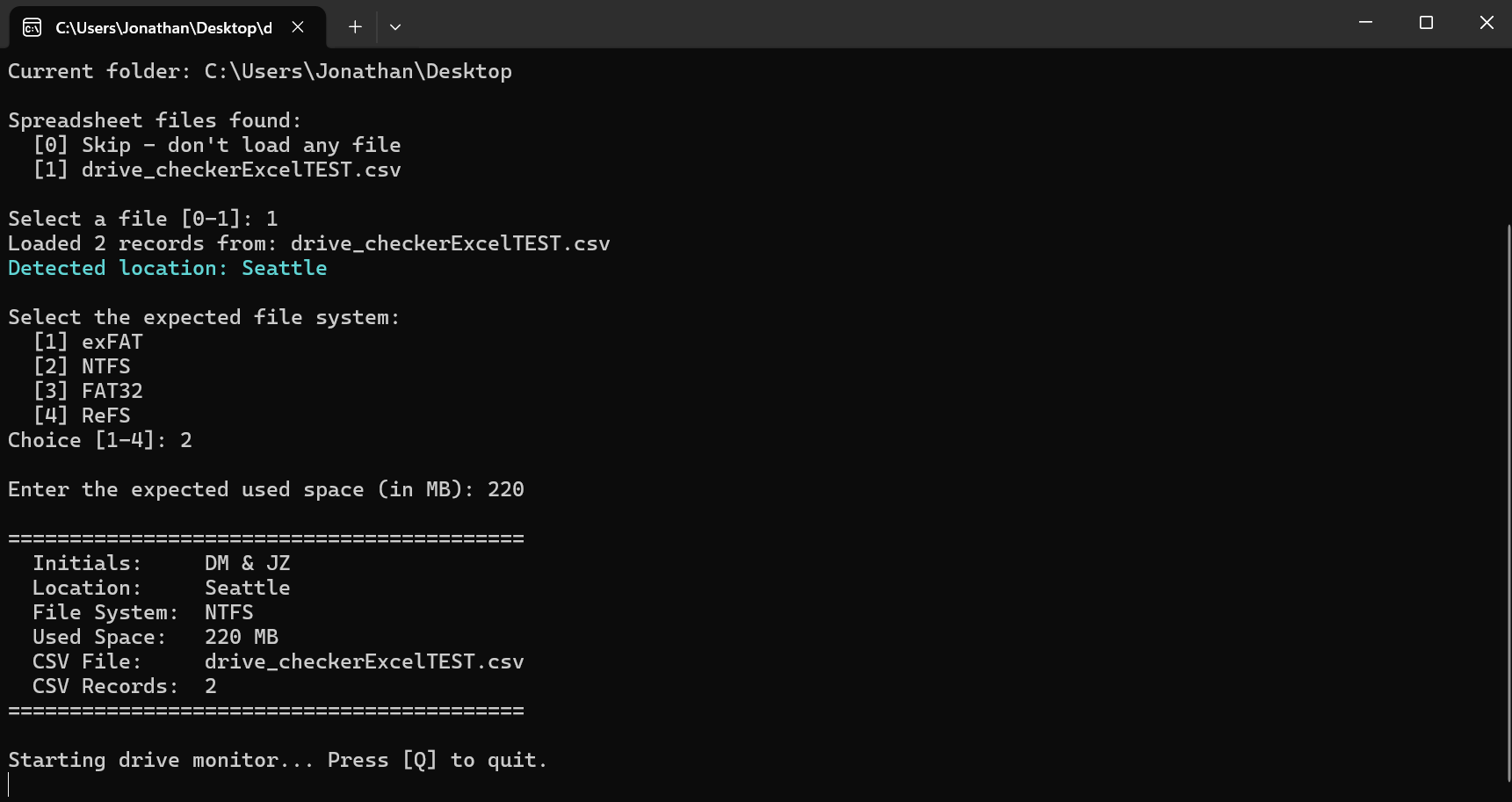 Version 2 setup screen showing CSV file selection, auto-detected location, file system choice, and configuration summary