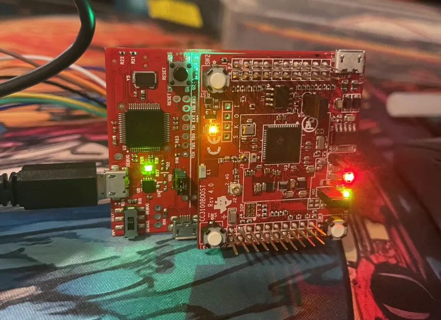 TM4C123 LaunchPad with CC3100 WiFi Booster Pack, LEDs indicating active connection