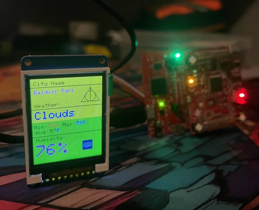 ST7735R LCD showing weather data for Baldwin Park with the TM4C123 + CC3100 board in the background