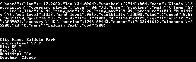 Serial terminal showing raw JSON response and parsed weather data for Baldwin Park